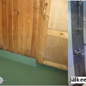 Ennen ja jälkeen -kuva uudistetusta suihkutilasta