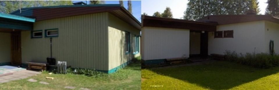 Ennen ja jälkeen -kuva maalatusta talosta